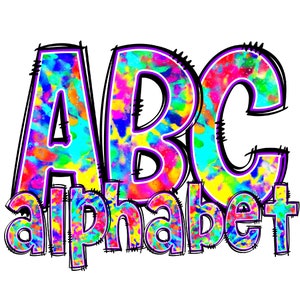 Rainbow Dye Alphabet PNG Bundle, Remplissage de couleur d’éclaboussures colorées, Aquarelle TieDye, Motif Remplir lettres Chiffres, Fun Kid Doodle Alphabet