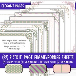 May include: Set of 22 printable 8.5" x 11" page frame and border sheets. The sheets feature two styles with eight variations each, plus one style with six variations. The designs include a green and pink polka dot pattern, a green and purple striped pattern, and a pink and green striped pattern.