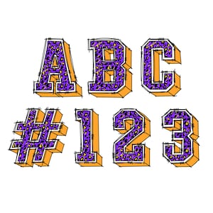 Digitales Doodle | Buchstaben der Athletic Varsity Sports College School – Lila Gold Leopard | PNG | Handgezeichnetes Alphabet-Clipart-Bundle Nr. 7b
