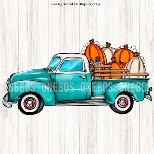 vintage Teal Truck PNG, Cartoon, Old Farm Wooden Slats Rails, Fall Pumpkin Truck, American Classic, Sublimation, Commercial Use