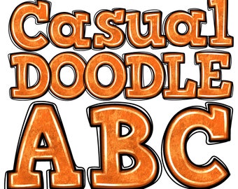 Orange Doodle Alphabet PNG, Digital Download, Casual Hand Drawn Letters, Funky, Kids, School, Comic Sublimation DTF Art for Print Designs