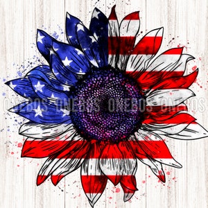 American Flag Pattern Sunflower Png, Watercolor Splatter, Sublimation for 4th of July, Patriotic Sunflower, American Digital Download image 1