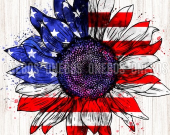 American Flag Pattern Sunflower Png, Watercolor Splatter, Sublimation for 4th of July, Patriotic Sunflower, American Digital Download