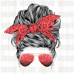 Glittery PNG, Messy Mom Bun met rode blitse vulling, schattig grappige moeder bun, school bun, meisje met bril, sublimatie klaar om te drukken