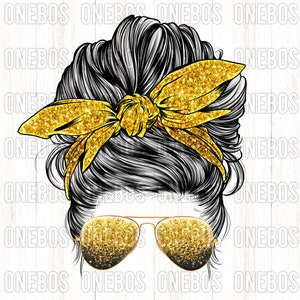 Glittery PNG, Messy Mom Bun met gold glitzy fill, cute funny mom bun, school bun, meisje met bril, sublimatie klaar om te drukken