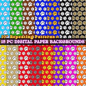 May include: 15 digital paper backgrounds featuring repeating paw print patterns in various colors, including blue, green, brown, yellow, black, red, gray, purple, pink, and orange. The paw prints are white.