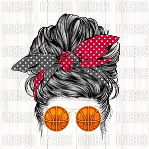 Basketball Mom PNG, Messy Bun Sports, Grijs en Rood, College High School Clipart, Bandana Bow Mom Polka Dot, Basketbal Zonnebril Print