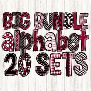 Paquete de alfabeto de patrón grande, 20 juegos, rayas de chevron de lunares a cuadros funky, Doodle VS3, combinación de combinaciones, sublimación de letras escolares granate y negra