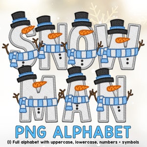 Sneeuwpop Kerstmis PNG alfabet, faux borduurwerk klassieke steek patch, decoratieve letter sublimatie clipart pack, hoed neus sjaal knop takje