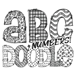 Download Digital | Doodle desenhado à mão preto branco multi padrão preenchido | Pacote de alfabeto de pacote de clipart PNG | Letras e números