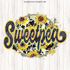 Digital Sweetpea PNG, Cow Sunflower Print / Retro letters watercolor texture / Cool grunge Circle Sublimation Design / Trasferimento stampabile