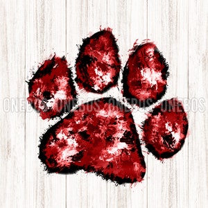 May include: A red paw print painted on a white wood background. The paw print is stylized and has a splattered paint effect.