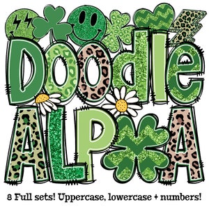 May include: Green, black, and white doodle alphabet clipart with glitter and various patterns.  8 full sets! Uppercase, lowercase + numbers!