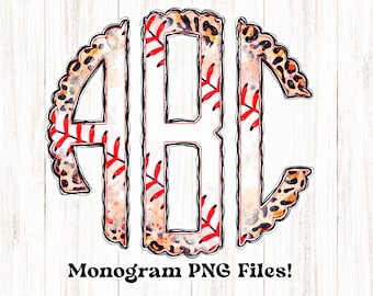 Leopard Baseball Monogram Split PNG Alpha | 78 Files Total | Left, Middle, Right | Sketchy Doodle Scallop Letters | Sublimation Print