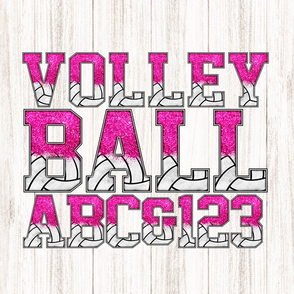 Volleyball Alphabet PNG, Pink Glitter and Panels Pattern, Sports Athletic College School Mascot Block Lettering