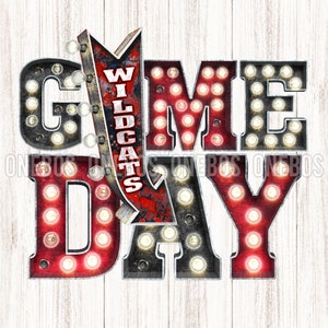 Wildcats GAME DAY PNG, Rojo, Negro, Gris Colores de la Escuela, Letras de Marquesina con Flecha, Signo Retro Vintage, Impresión de Sublimación Grunge Rústica