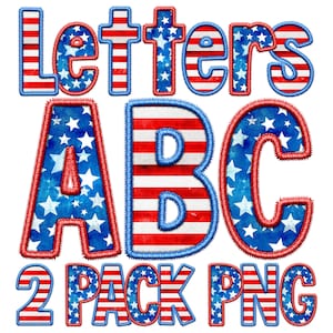 May include: Red, white, and blue alphabet letters with a stars and stripes pattern. The letters are outlined in blue and red stitching. The text "Letters ABC 2 Pack PNG" is below the letters.