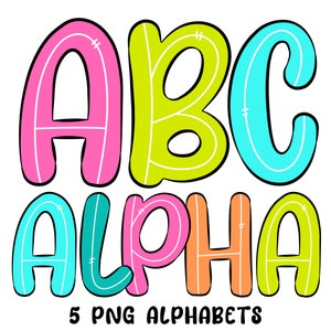 Alfabeto forrado com bolhas doces brilhantes, letras retrô Groovy Brights com linha central branca, letras monoline doodle, arte de sublimação digital