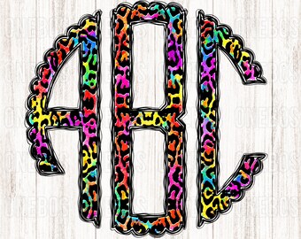 May include: A circular monogram with the letters A, B, and C in a black outline. The letters are filled with a colorful leopard print pattern with shades of pink, yellow, orange, blue, and green.