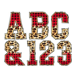 Alfabeto PNG | Natal clipart letras e números do alfabeto | Preenchimento de padrão xadrez leopardo | Preenchimento de letras de Doodle atlético do time do colégio | Imprimir DTG