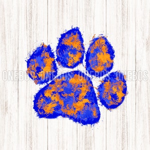 May include: A blue and orange paw print painted on a white wood background.
