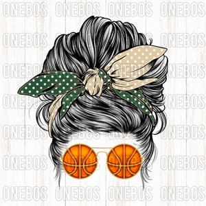 Basketball Mom PNG, Messy Bun Sports, Groen en Beige, College High School Clipart, Bandana Bow Mom Polka Dot, Basketbal Zonnebril Print