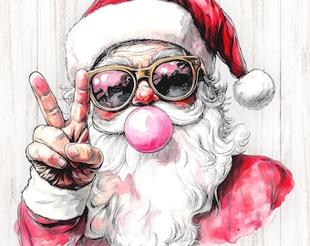 Santa PNG, Christmas PNG, Santa Blowing Bubble PNG, Funny Santa With Sunglasses, Gum, Peace Sign, I Love Santa, Watercolor Sublimation, Xmas