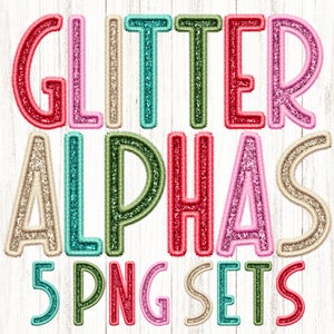 Kunststickerei Glitzer PNG Alphabete, 5er Pack, dünne dünne Boho Buchstaben, Weihnachten Retro, Rosa, Grün, Rot, Beige, Sublimation druckbar