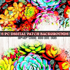 May include: Six digital patch backgrounds featuring colourful succulent plants with a watercolour effect. The backgrounds are 10-12 inches wide and 300 DPI PNG files.