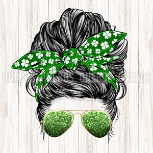Classic Messy Bun, Lazo de diadema verde con patrón de trébol de 4 hojas, Shamrock Print, Cool Chick, Gafas de sol Green Glitter, Sublimación y DTG