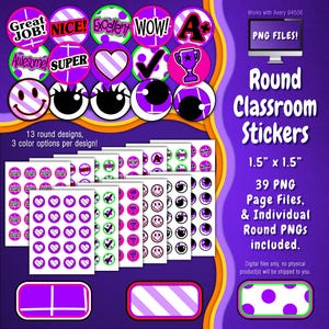 Stickerpakket | Individuele digitale stickers en Avery-velsjablonen | Raster, diagonale strepen, stippen, paars, wit, zwart ST55CK-A247