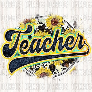 Lehrer PNG mit Kuh Sonnenblume Print | Retro Buchstaben Aquarell Textur | Cooles Grunge Circle Sublimation Design | Printable Transfer