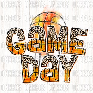 GAME DAY Diseño Digital, Clipart Image Graphic, Game Day Letters with Leopard and Basketball Pattern, Watercolor Grunge Background Vintage