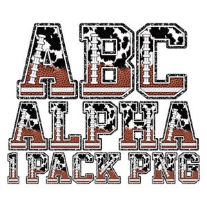 Puede incluir: Un conjunto de letras de vaca en blanco y negro con un patrón de fútbol y brillo. Las letras deletrean "ABC ALPHA 1 PACK PNG".
