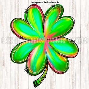 ペイントされたクローバー PNG、ダウンロード可能なデジタルアート、ピンクと緑の落書き手描きの 4 つ葉のクローバー昇華、印刷、エアブラシ クリップアート要素