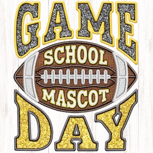 Game Day PNG, mascotte personnalisée PNG, conception de football fausse broderie, téléchargement numérique, or noir et blanc, paillettes, imprimable, impression de cliparts