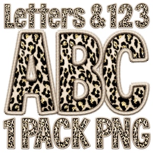 May include: A set of leopard print letters and numbers, including the letters A, B, and C, and the numbers 1 and 2. The letters and numbers are outlined in a beige color and have a gold glitter effect. The text "Letters & 123" and "1 Pack PNG" is also included in the image.