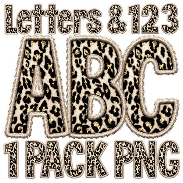 Digital Leopard PNG Alphabet, Faux Embroidery Beige Gold Boho Stitch Alpha, Gold Glitter Accent, Sublimation Transfer Art, Baby Shower Alpha