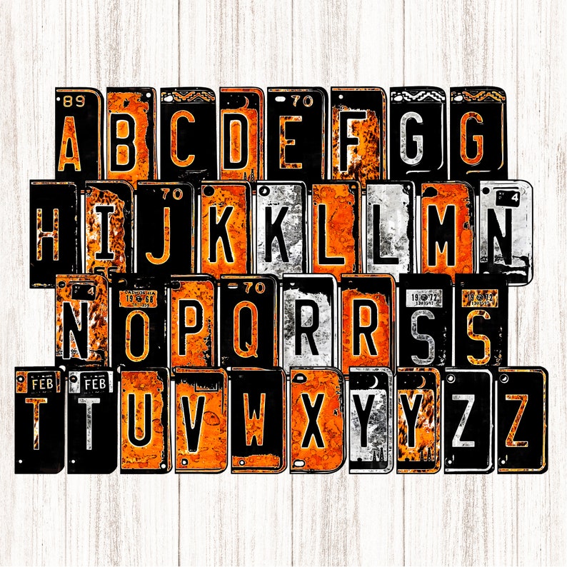 Orange License Plate Alphabet Mix Match Letters Grunge & Etsy