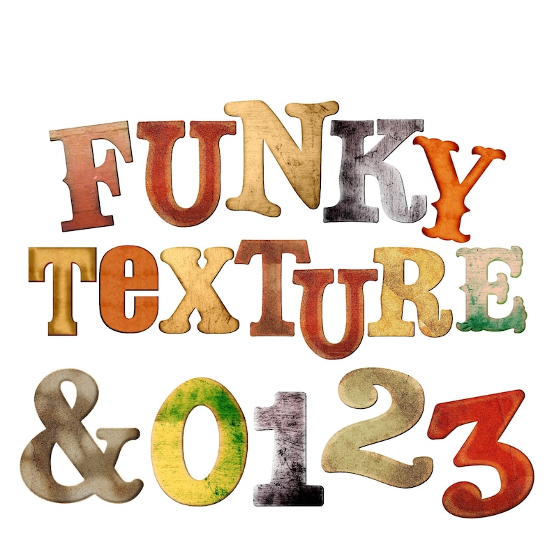 Puede incluir: Funky Texture & 0123 en letras de estilo vintage, coloridas y con textura. Cada letra y n&uacute;mero est&aacute; cortado individualmente y tiene un aspecto &uacute;nico y desgastado.