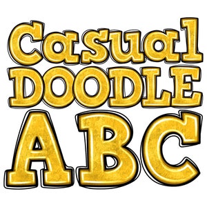 Alfabeto de doodle amarelo PNG, download digital, letras casuais desenhadas à mão, funky, crianças, escola, arte DTF de sublimação em quadrinhos para designs de impressão