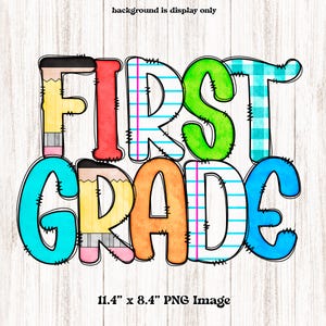 PNG de primer grado, diseño de doodle de primer grado con colores primarios y útiles escolares, lápiz, papel, notas de cuadrícula a cuadros, impresión de regreso a la escuela