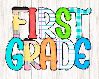 First Grade PNG, Doodle First Grade Design with Primary Colors and School Supplies, Pencil, Paper, Plaid Grid Notes, Back to School Print