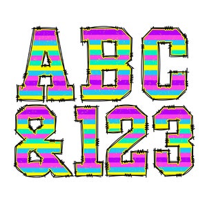 Alfabeto de rayas en colores pastel, Clipart Novelty Easter Letters and Numbers Bundle, Varsity College School Doodle Style, Sublimation DTG