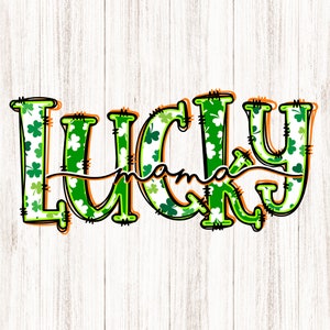Lucky Mama PNG, Lettres blanches vertes Clover Pattern Orange Accent, Shamrock Print, St Paddys, St Pattys, Sublimation, Imprimable, Numérique
