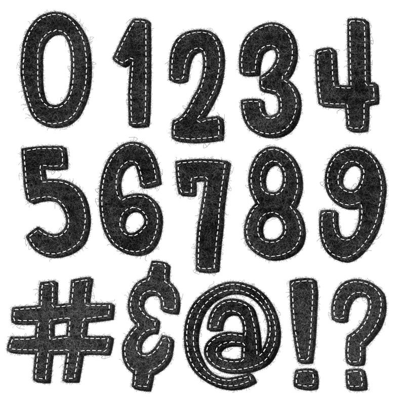 May include: Black felt numbers 0-9 and symbols #, $, @, !, and ? with white stitching.