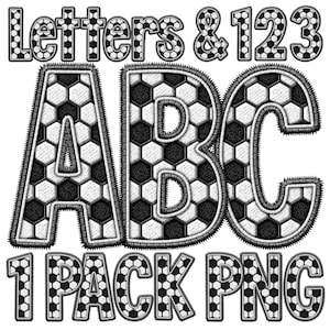 Peut inclure: Lettres et chiffres noirs et blancs avec un motif de ballon de football. Les lettres sont A, B, C et les chiffres sont 1, 2, 3. Le texte "Letters & 123" et "1 Pack PNG" sont également inclus dans l'image.