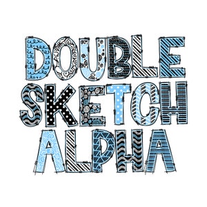 Double Doodle Alphabet Bundle | 2 ensembles alpha et numériques complets | motifs d’esquisse bleu clair | Police Doodle dessinée à la main, Rayures Polka Dots Chevron