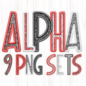 Faux Stickerei Glitter PNG Alphabete, 9er Pack, Dünne Boho Buchstaben, Rot Schwarz Weiße Buchstaben, Glitter, Benutzerdefinierte Maskottchen PNG, Sublimation