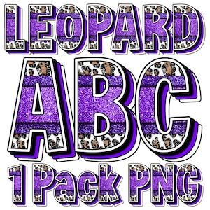 Op de afbeelding: Paarse glitterletters die "LEOPARD ABC 1 Pack PNG" spellen met een luipaardprint achtergrond.